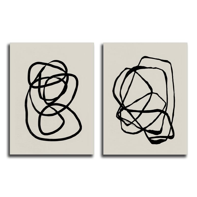 LumWesry Black Line Artwork Modern Line Artwork Mid-Century Abstract Wall Decor Spiral Collage Wall Art Geometric Canvas Painting Home Living Room Bathroom Decor (30X40cmx2pcs Unframed)