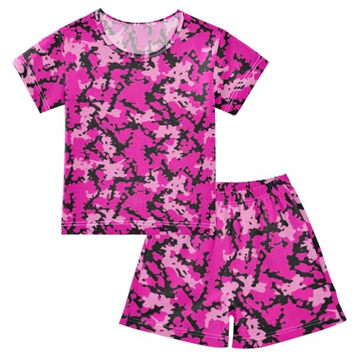 CHIFIGNO Camouflage Pink Black Pj Sets Cotton Jammies, Short Sleeve Summer Clothes with Pocket 5Y