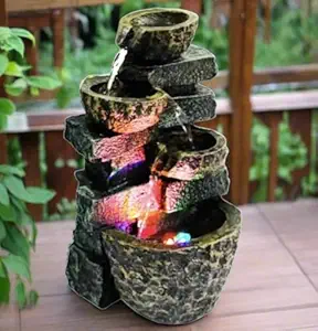 ALILA Resin Table Top Indoor Outdoor Water Fall Fountain With Led Lights Home Decor Decoration Gift Gifting Items (Lxbxh: 11X9X15 Inch)