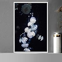 Framed Canvas Wall Art Jellyfish Bedroom Colorful Jellyfish Marine Life Multicolor Neon Photography Tropical - 16x24 inches