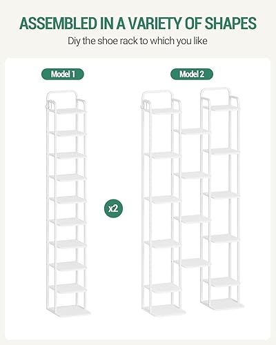 Miniatura 5 de Zapatero vertical de 10 niveles, torre de zapatos estrecha, estante alto para zapatos con 2 ganchos, estantes ajustables, estantes de esquina para