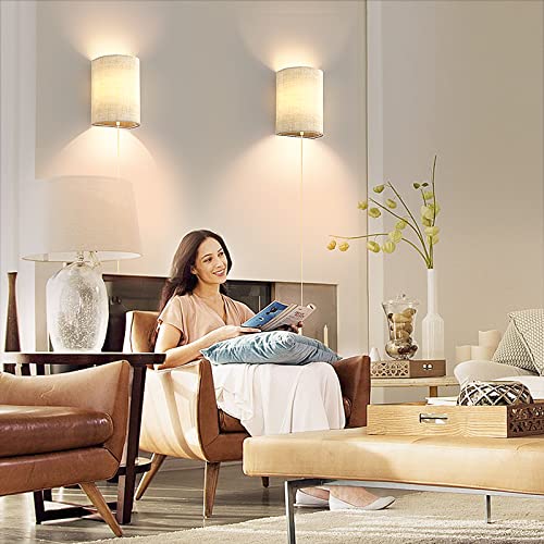 Wall Sconces Set Of Two,Wall Light 8W With 3 Color Temperature 2700-5000K,Modern Wall Sconces Plug In Cord And On/Off Switch, Beige Linen Shade ,No Wiring Required Perfect For Bedroom Living Room #TOP3