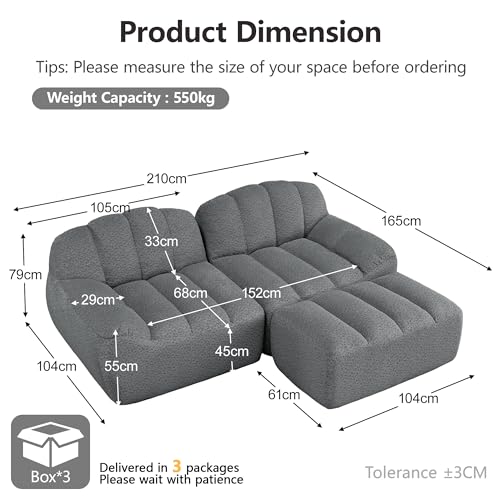 Sofá modular de 2 plazas en L Boneless con otomana gris para salón 3