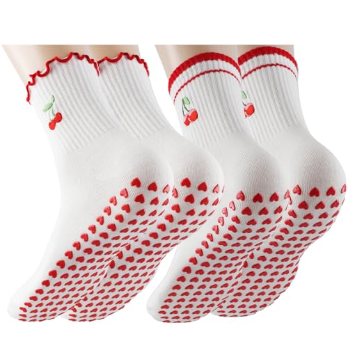 2 Pairs Cute Pilates Grip Socks, Yoga Grippy Ruffle Cuff Workout Ballet Non-Slip Athletic Sticky Sock (Size 5-11)