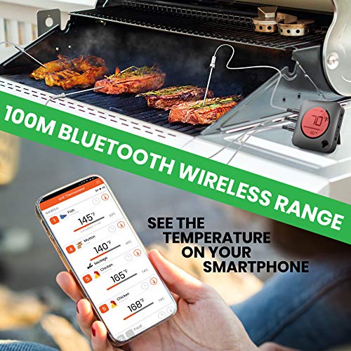 Nutrichef Bluetooth Meat Thermometer For Grilling And Smoking With Zip Travel Case, Wireless Meat Probe With Lcd Display #TOP3