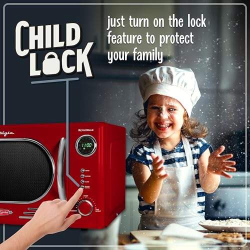 Nostalgia NRMO11RR6A 1000 Watt Power Retro Countertop Microwave Oven Easy to Clean with Removable Glass Turntable-Child Safety Lock-12 Programs-Digital Clock, 1.1 Cu. Ft, Red