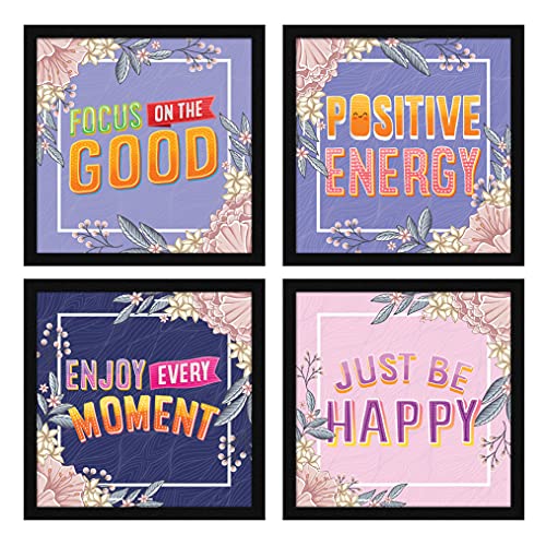 Image of ArtX Paper Motivational Quotes Be Happy Wall Art Painting, Framed Paintings For Home Office Decor 20 X 20 inches, 10.0 X 10.0 each, Multicolor Posters With Frame, Set of 4