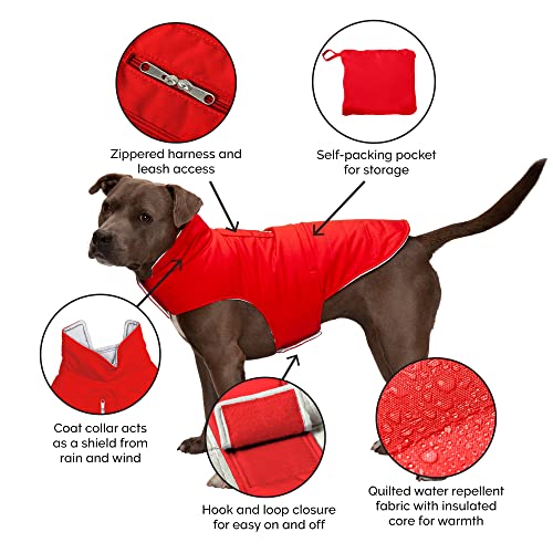 Image of Furhaven Water-Repellent & Reversible Medium Dog Coat, Washable & Reflective w / Leash Access, Pocket, & Carry-On Purse - Puffer Dog Jacket - Red, Medium