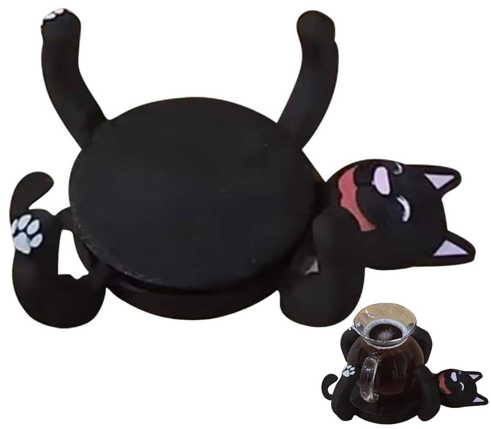 THUCHENYUC 3D Print Cat Coasters, Novel And Cute Kitten Mug Holder Funny Cats Cup Holder For Drinks Cats Coasters Cup Cuddler With Liftable Limbs Home Decor For Coffee Tea(Black)