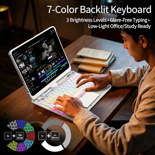 Image of Magic Keyboard Case for iPad Air 11 inch (M3 /M2 2025 /2024), Air 5 /4th Gen 10.9 inch & iPad Pro 11 inch (1-4th) - Transparent, Multi-Touch Trackpad, 360 Rotating Stand, 7-Color Backlit, White
