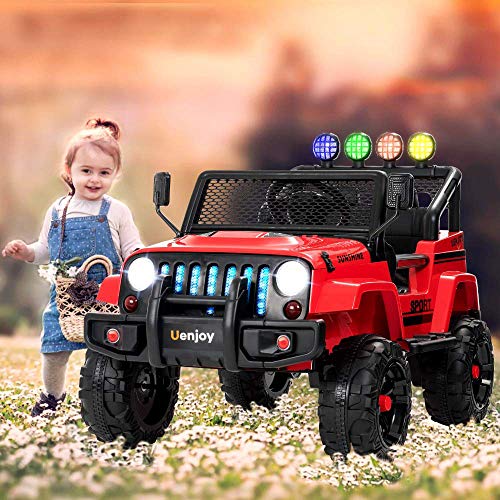 Uenjoy Electric Kids Ride On Cars 12V Battery Motorized Vehicles W/ Wheels Suspension, Remote Control, Music, Story Playing, Colorful Lights, Sunshine Model, Red