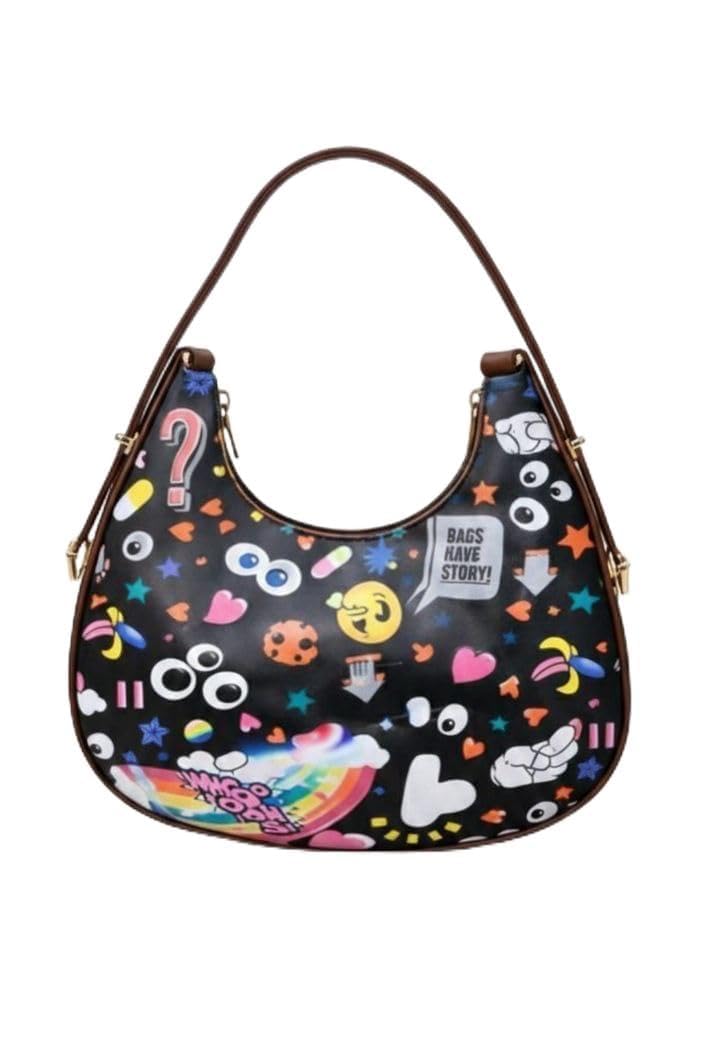 Korean Printed Hand Bag, Colorful Rainbow and Emoji Pattern, Black with Beige Handle-picture-57