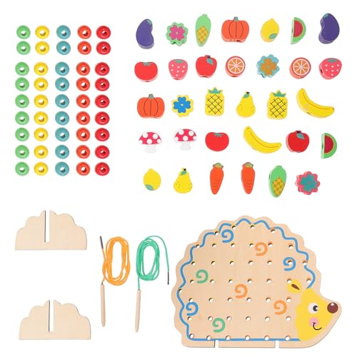 MOLUCKFU 木製ひもとおしおもちゃ フルーツビーズ 積み木型串珠 幼児向け色認識 指先訓練 手先の器用さ向上 知育 家学習用