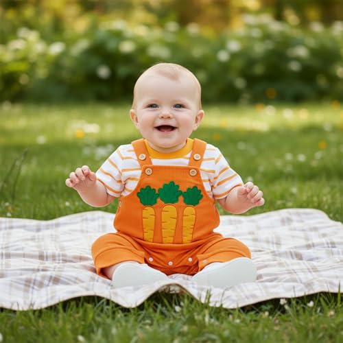 Image of Bay Boy Easter Outfit Newborn Striped Bodysuit Bunny Carrot Overalls Pants Set Infnat Cute Spring Summer Clothes