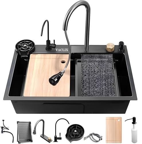 Image of 24'' x 18'' x 10'' Waterfall Sink Integrated HONEYCOMB DESIGN 304 Grade With CLASSY BLACK MATT Finish Single Bowl Multifunction Kitchen Sink