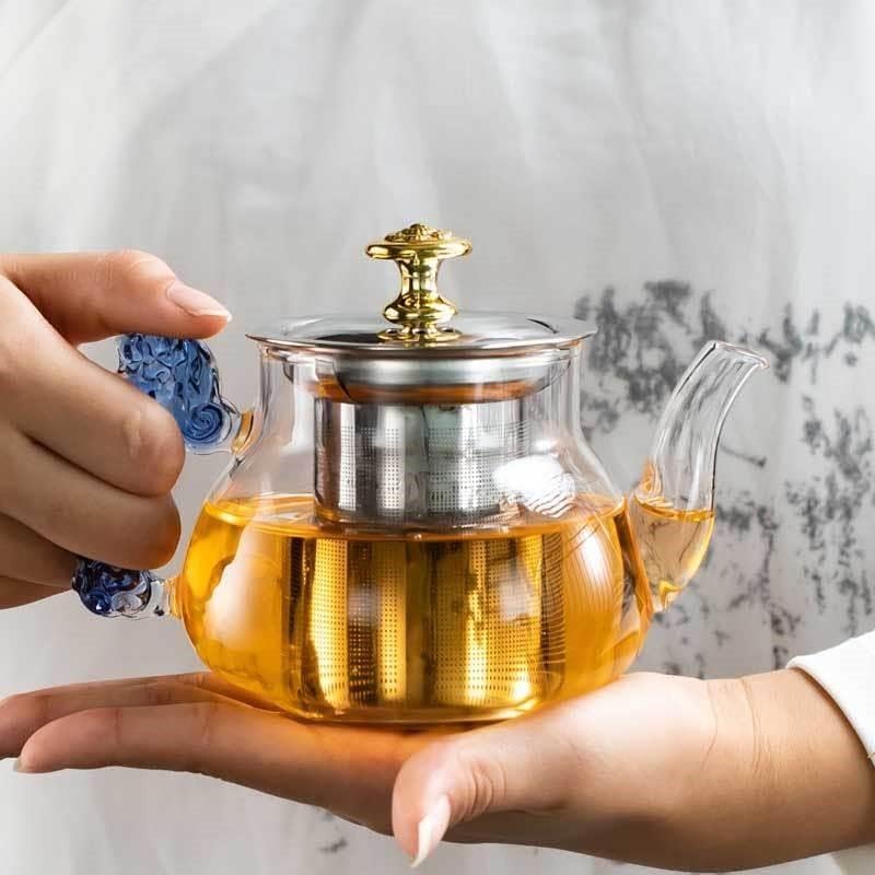 Image of ANKUL Premium Glass Teapot with Stainless Steel Infuser & Lid - 500ml Heat Resistant Borosilicate Glass Tea Pot with Elegant Blue Handle - Loose Leaf & Blooming Tea Kettle (Ankul - 00)