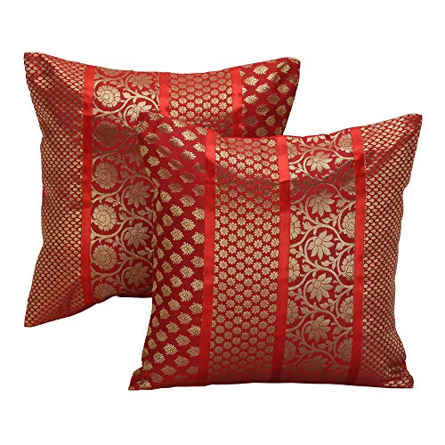 Image of Home Decor Decorative Heavy Brocade Banarsi Silk Cushion Covers Pillowcase 16 inch Rajasthani Diwan Living Room Sofa Settee Couch Cushion Pillow 40 x 40 cm (Red, 5)