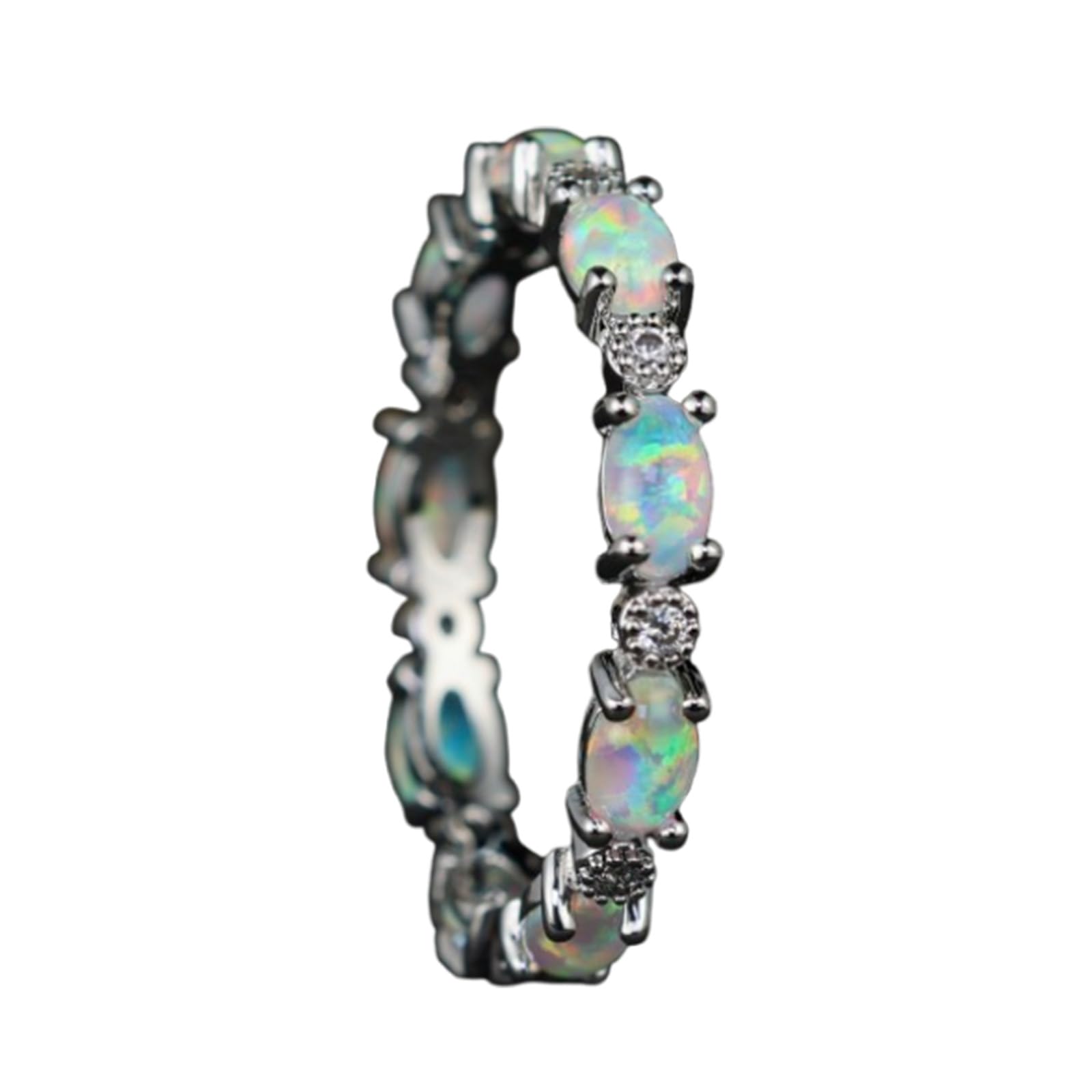 YWeiLiangSan Opal Glow Eternity Ring - Colorful Oval Stone Stackable Suitable for ladies/girlfriends (Silver white,7)