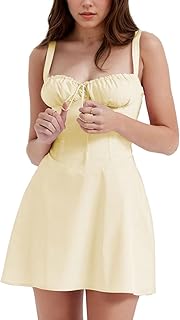 Vestido Mini sin Mangas con Tirantes Finos para Mujer, Vestidos de Cóctel con Cuello Cuadrado y Tirantes Ajustables, Vestido de Verano con Corte en A, Azul/Amarillo, Tallas S-L
