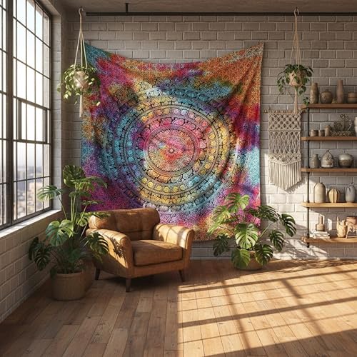 Image of Craft Trade 54x84 Inches Psychedelic Multi Cotton Mandala Ombre Wall Hanging Tapestry