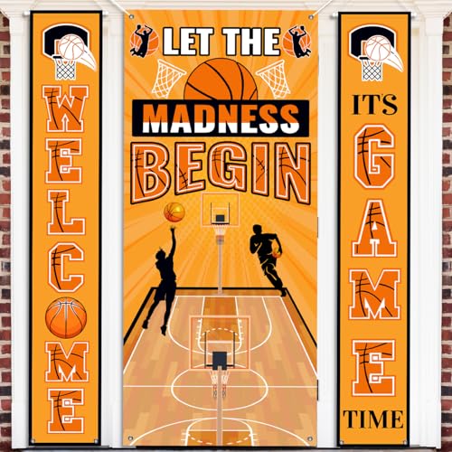 Basketball Party Decorations Basketball Banner Set 3Pcs Let The Madness Begin Door Cover Hanging Welcome Its Game Time Porch Sign for Indoor Outdoor March Madness Basketball Theme Party Supplies