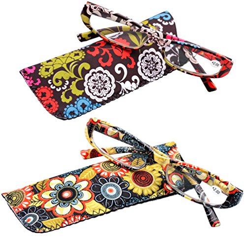 SOOLALA 2-Pair Designer Fashionable Spring Hinge Rectangular Reading Glasses w/Matching Pouch, RedYellow, 1.25