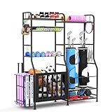 Flrrtenv Ball Storage Rack, Garage Sport Equipment Organizer, Ball Storage Cart with Hook,Steel Sport Rack for Basketball, Football, Golf, Toys, Dumbbells, Mental All-in-One Yoga Mat Holder, Black