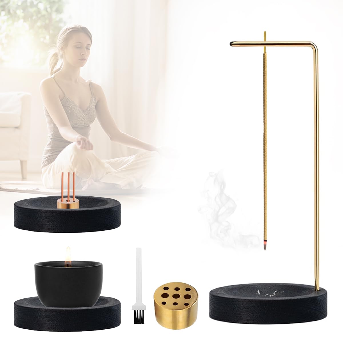 3-in-1 Incense Stick Holder, Reucher Stick, Wooden Base, Handmade, Modern Style Incense Cones Holder with 9 Hole Incense Burner, for Home, Office, Decoration, Yoga, Meditation (Black)