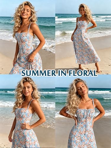 Image of YATHON Women's Summer Midi Corset Boho Dresses Spring Casual Floral Spaghetti Straps Lace Up Dress Flowy Aline Beach Sundress