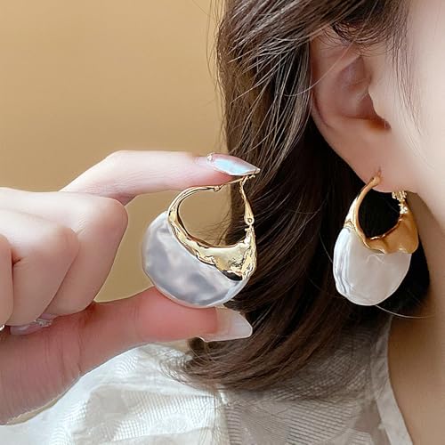 Trendy 14K Gold Irregular Pearl Hoop Earrings for Women,Unique Large Statement Pearl Drop Dangle Earrings,Charm Valentine's Day Jewelry Gifts2