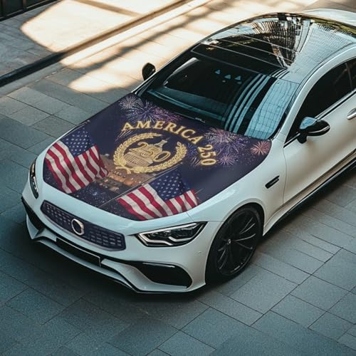 Image of American Flag 250 Years Car Hood Cover 4th of July Car Front Hood Cover Stretchable Car Bonnet Banner Automobile Accessories Universal Fit for Most Cars Sedans Decoration