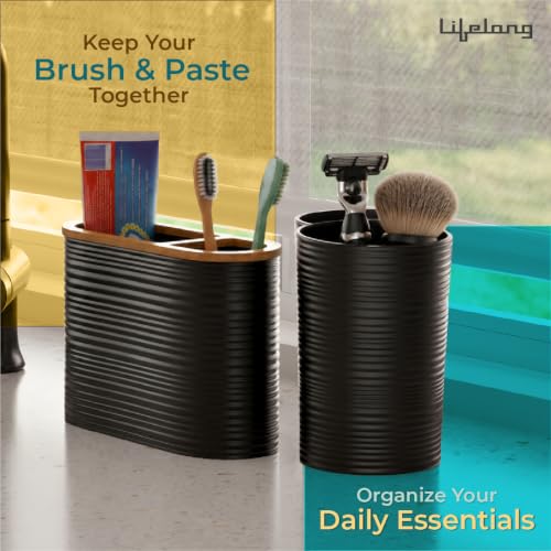 Image of Lifelong Bathroom Accessories Set of 6 with Bamboo Finish | Complete Bathroom Organizer Kit with Soap Dispenser, Toothbrush Holder, Tumbler, Soap Dish, Toilet Brush & Dustbin | Black
