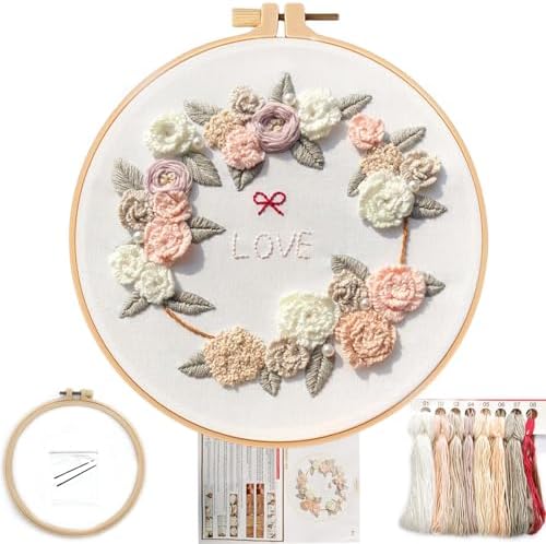 FONNUY Love Heart Crewel Embroidery Kit for Beginners, Pre-Stamped Pattern Kits for Adults with Hoop, Easy to Follow Color Thread Needlework, 8