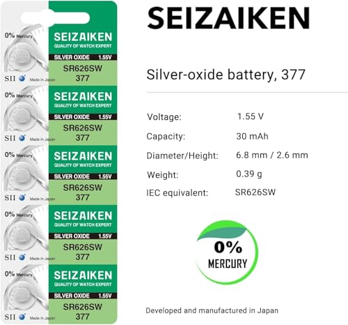 Image of SEIZAIKEN SR626SW Silver Oxide Watch Battery, 1.55V, 30mAh, Mercury-Free, Made in Japan, 377 Model, High Energy Density, Clean Room Manufactured (Pack of 5)