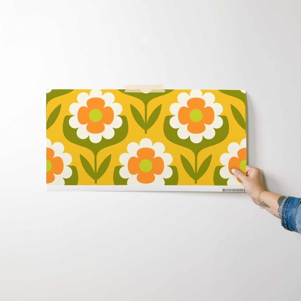 Peel & Stick Wallpaper Swatch - Retro Floral Groovy Mid Mod Boho Bohemian MCM Midcentury Modern 1960S 1970S Yellow Green Orange Custom Removable Wallpaper by Spoonflower