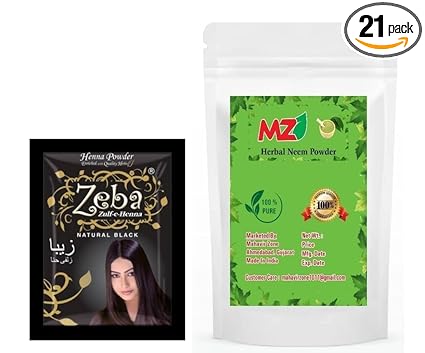 Zeba Black Pure Natural Herbal Mehendi Henna Powder, Damage Free, Shiny Hair, Mahendi For Women n Men, 12g x 20pc and MZ NEEM Powder - 80g