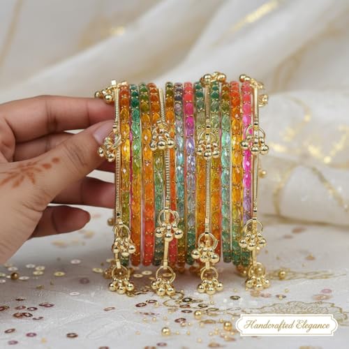 Image of NEW SURYA ENTRPRISES Kashmiri Ghangharoo Glass Bangle Set for Women|Light Weight Bangles|Traditional Transparent Fancy Glass Chudi Set Of 16(12 Glass + 4 ghungroo bangles)