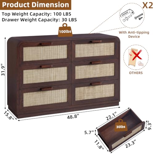 Image of LEYAOYAO Rattan 6 Drawer Dresser for Bedroom, Walnut | Modern 49 inch Wide Curved Dressers & Chests of Drawers with Solid Wood Handle & 5 inch Deep Drawers & Anti-Tip Safety