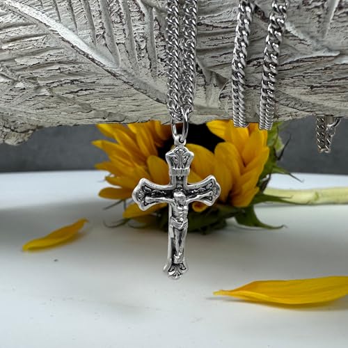 Sterling Silver Crucifix Pendant (1 7/8” x 1 1/8”) with 24” Stainless Silver Heavy Curb Chain - Includes Deluxe Flip-top, gift box4