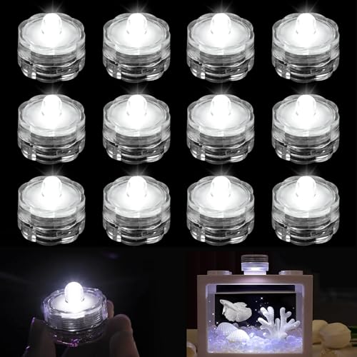 Joycabin 12 Stück Tauchbare LED Lichter, Flammenlose LED Kerzen Teelichter, Mini Unterwasser Licht Wasserdichte Lichter kleines LED Dekolichter für Aquarium Garten Teich Hochzeitsfeier (Kaltweiß)