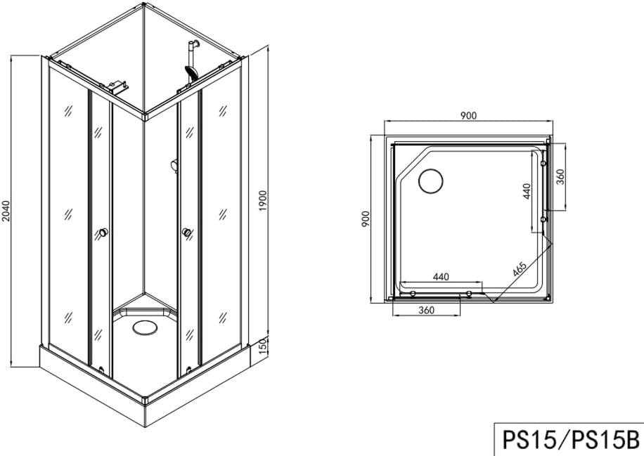 Technical drawing with dimensions for Sanotechnik Uni Shower Cabin