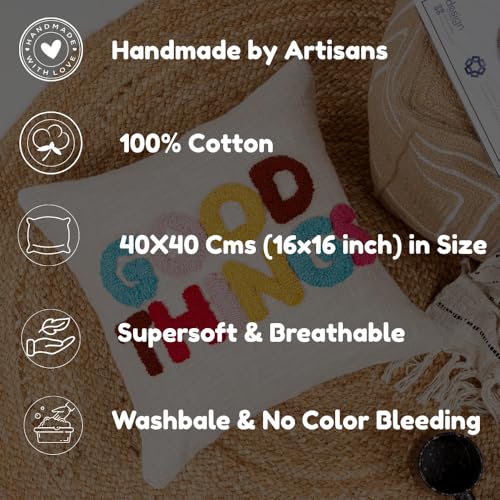 Image of HOMADORN 100% Cotton Hand Tufted Cushion Cover | Text Pattern Decorative Pillow Case | Boho Sofa Cushion Cover for Living Room | Soft & Durable | (16x16 Inches) (1, Good Things Multicolor)