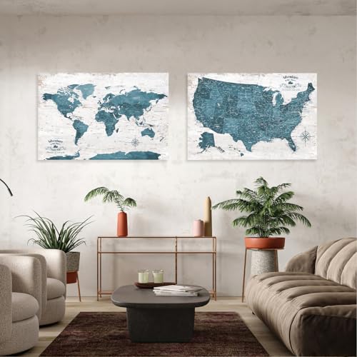 Image of IPIC - Antique Blue World Map & USA Map Canvas Wall Art Set of 2, Travel Wall Decor with Pins Included, Ready to Hang for Office or Living Room, 36x24 Inch