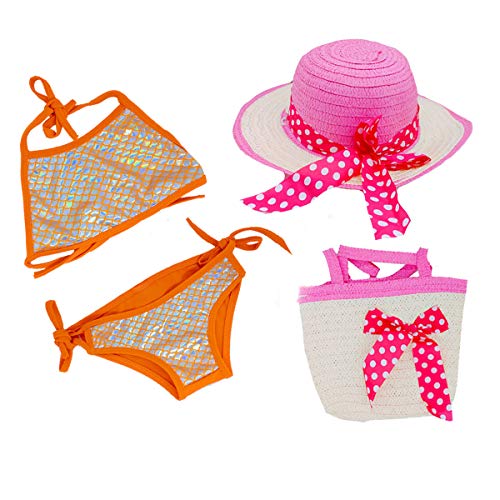 Biquini Infantil Sereia + Chapeu de Praia + Bolsa 1 a 3 Anos Cor:Laranja;Tamanho:Único
