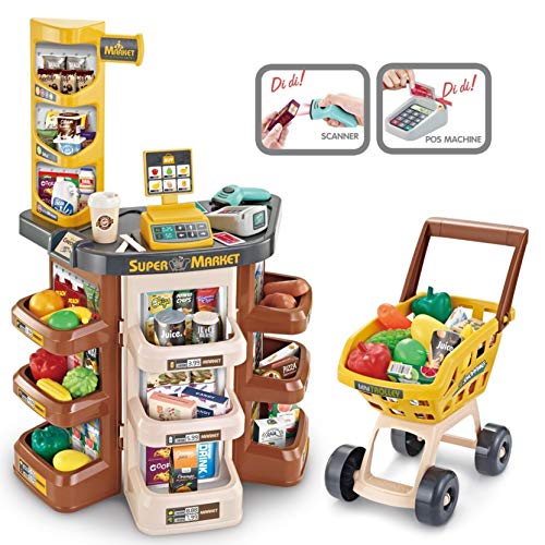 Pomobie Kids Role Play Supermarket Stall Toy Set, Children Superstore Grocery Play Shop with Scanner and Shopping Trolley of Vegetables, Fruits, Food, Cart Accessories, Best Gift for Boys and Girls