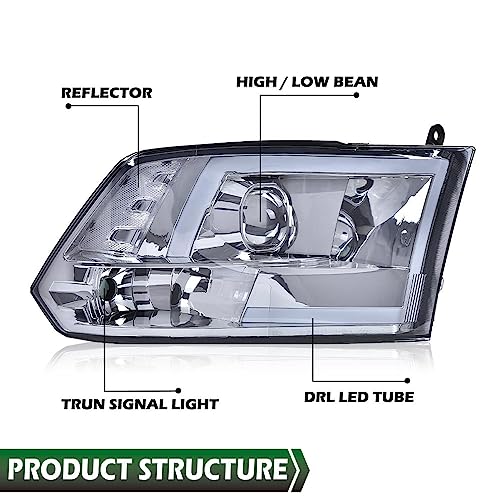 Image of GRAND ORANGE LED DRL Headlights Assembly, Compatible with 2009-2012 Dodge Ram 1500 2500 3500 Black Housing Head Lamps(Smoky lens Chrome Housing Clear Reflector)