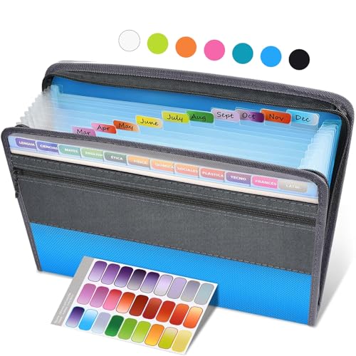 Sooez Accordion File Organizer with Safe Zipper, 12 Pocket Expanding File Folder with Front Pencil Pouch, Portable Monthly Paper Bill Tax Receipt Organizer, School Office Supplies, Letter Size, Blue