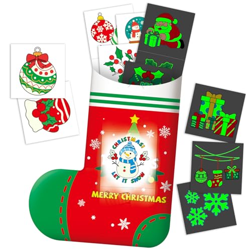 Partywind 102 PCS Glow Christmas Temporary Tattoos for Kids Stocking Stuffers, Luminous Santa Tattoo Stickers for Christmas Holiday Party Decorations Supplies, Xmas Goodie Bag Fillers