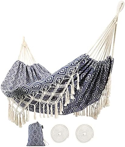 Backyard Hammock with Tassels,Garden Hammocks with Portable Carry,Bag Deluxe Macrame Fringe for Patio,Garden,Backyard,Beach,Outdoor and Indoor Porch Fabric, Up to 450Lbs (Blue-Diamond)