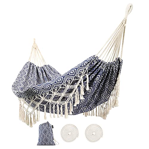 Backyard Hammock With Tassels,Garden Hammocks With Portable Carry,Bag Deluxe Macrame Fringe For Patio,Garden,Backyard,Beach,Outdoor And Indoor Porch Fabric, Up To 450Lbs (Blue-Diamond) #TOP2